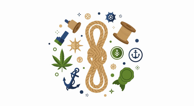 Flat Vector Illustration of Nautical Symbols and Sustainable Hemp Elements Featuring Rope Knot, Cannabis Leaf, Anchor, and Ship Helm in Circular Composition