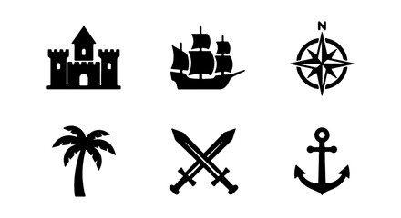 Black vector icons of beach and pirate symbols © PURE VECTOR WORK
