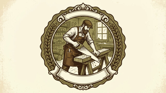 Artisan carpenter sawing wood vintage illustration design