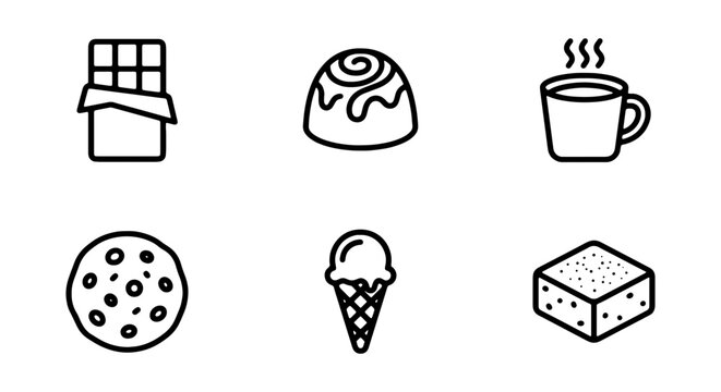 A set of six food and drink icons including cake, coffee, cookie, ice cream, pastry, and cheese