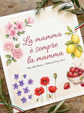 Watercolor Mother's Day Greeting in Italian with Flowers, Fruit, and Rustic Wood Background
