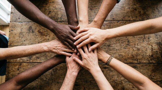 Diverse group of hands stacked together on a wooden surface, symbolizing unity, teamwork, and collaboration.