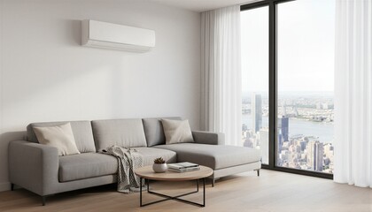 Naklejka premium Modern living room with white air conditioner mounted on wall. Comfortable sofa and table in apartment with city view. Cooling system equipment for indoor climate control and ventilation.