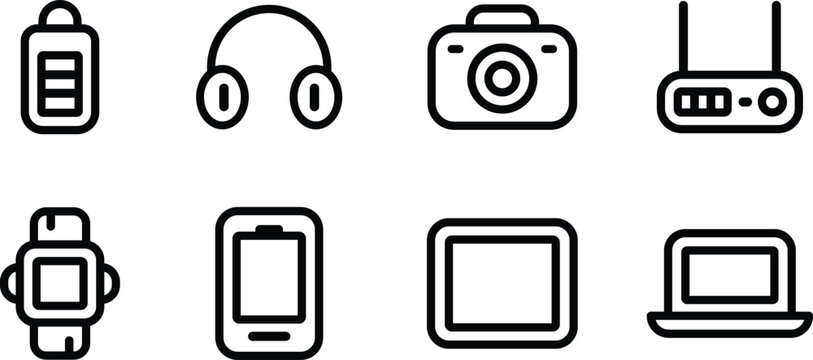 Electronics and gadgets icons set including battery headphones camera router smartwatch smartphone tablet laptop