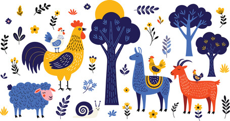 Fototapeta premium Colorful Farm Animal Illustration Set with Rooster, Chicken, Sheep, Llama, Goat, Trees, Flowers, Snail, and Plants in Cartoon Style for Kids, Agriculture, and Nature Designs.