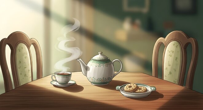 Warm morning glow illuminates a charming tea setup with a steaming teapot, cup, and cookies on a wooden table, inviting a peaceful moment of relaxation