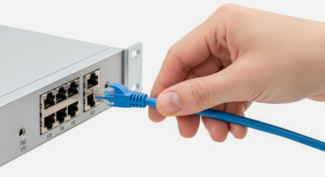 Close-up of a hand plugging a blue Ethernet cable into a network switch port