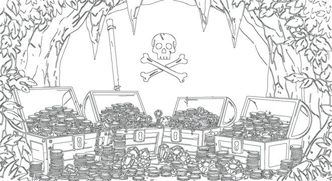 Fantasy Adventure Cavern Filled with Loot Vector Sketch