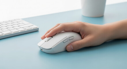 Fototapeta premium Person's hand operating a modern white wireless computer mouse on a desk, close-up view
