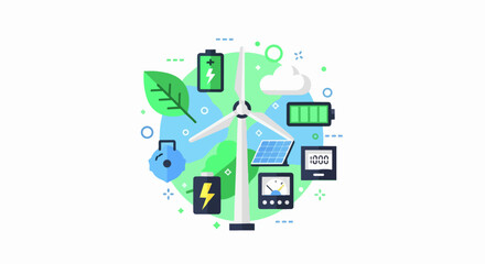 Fototapeta premium Renewable Energy and Green Technology Concept Illustration with Wind Turbine, Solar Panels, and Battery Icons for Sustainable Future and Ecology