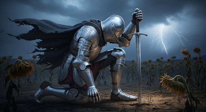 Knight in silver armor kneeling with a sword in a dark stormy field at night