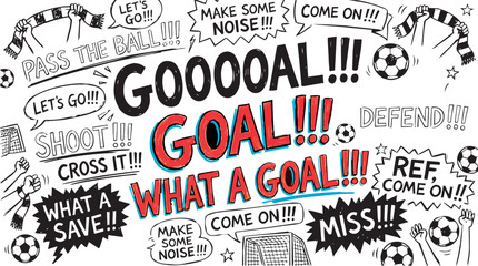 Naklejka premium A vibrant collection of hand-drawn vector doodles featuring soccer elements like balls, goalposts, and cheering hands holding scarves.