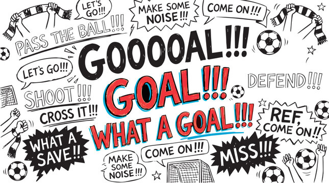 A vibrant collection of hand-drawn vector doodles featuring soccer elements like balls, goalposts, and cheering hands holding scarves.