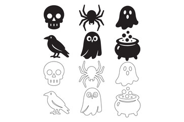 Naklejka premium halloween icons set black and white line drawing style