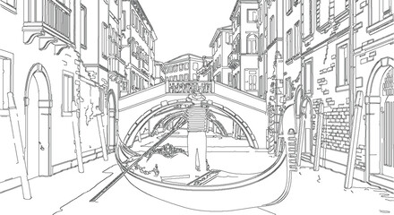 Romantic Venetian Gondola on Italy City Canal Line Art © Josnara