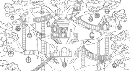 Fototapeta premium Whimsical Wooden Treehouse Built Into Giant Oak Line Art