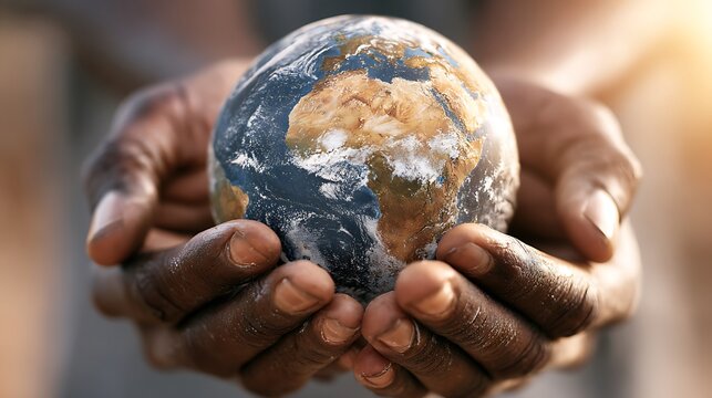 Close up of hands holding a small Earth globe representing global care and sustainability.