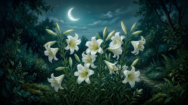 Beautiful white lily flowers blooming in a dark forest under a glowing crescent moon