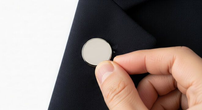 Close-up of a hand attaching a circular silver lapel pin to a dark formal jacket