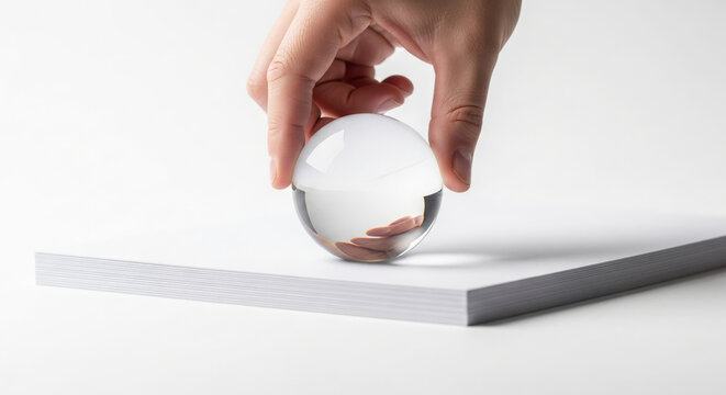 Hand holding a clear glass sphere paperweight on a stack of white paper, studio
