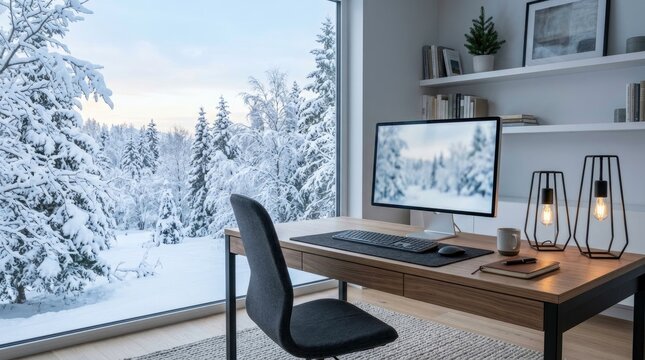 Cozy workspace with winter view, computer desk in modern home office design.
