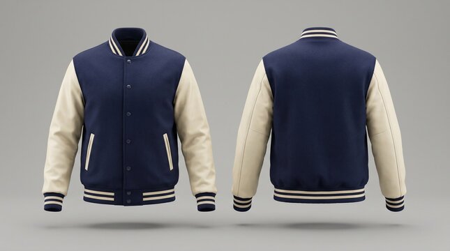 Two views of a classic blue and cream varsity jacket with ribbed collar, cuffs, and hem