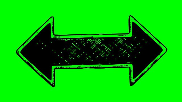 hand drawn double headed horizontal arrow illustration featuring solid black fill and textured lines on a green chroma key background for easy video editing and overlay
