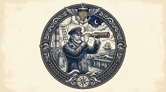 Vintage illustration of a seafaring captain with telescope and ship elements