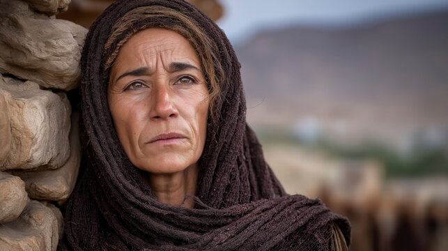 Biblical story, In Moab Naomi stands aged by grief, her dark widow garments and lined face revealing loss as Ruth and Orpah remain beside her in sorrow before a life-defining parting.
