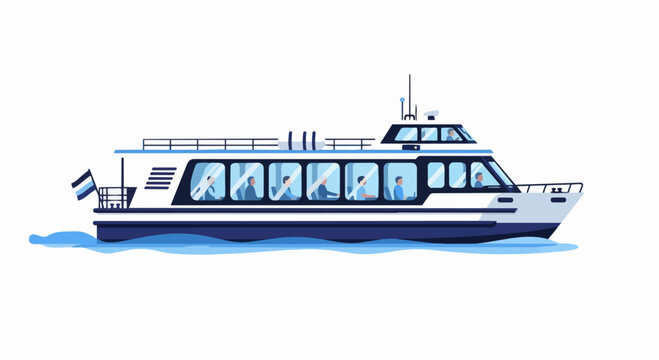 Modern Passenger Ferry Illustration with People Isolated on White Background