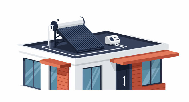 Modern House with Solar Water Heating System on Flat Roof - Sustainable Energy Concept Vector Illustration