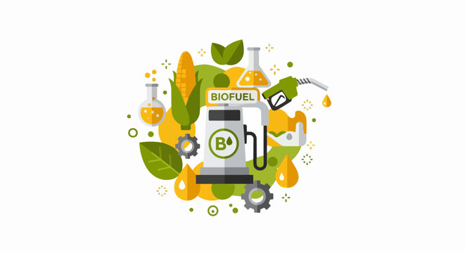 Biofuel and Renewable Energy Concept Illustration with Gas Pump, Corn, and Lab Equipment for Sustainable Fuel Solutions