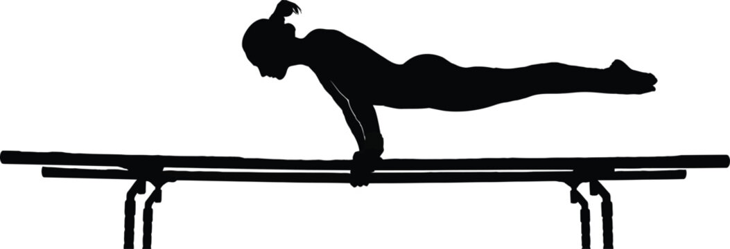 Gymnastics Woman in Pose on Uneven Parallel Bars Vector Illustration