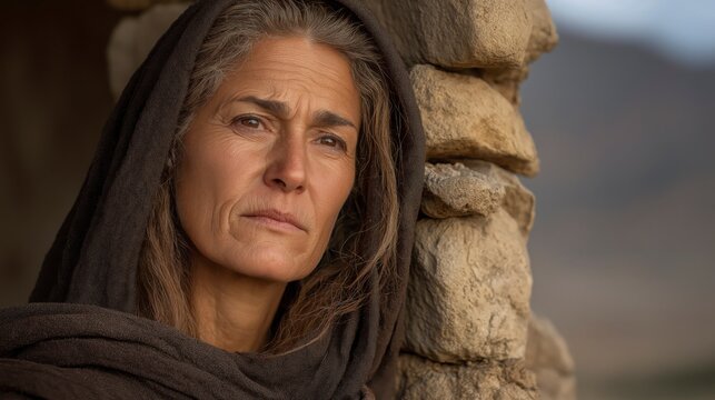 Biblical story, Naomi stands in Moab marked by grief, her aged face and dark garments reflecting loss as Ruth and Orpah remain beside her, a quiet moment of sorrow before life-changing separation.
