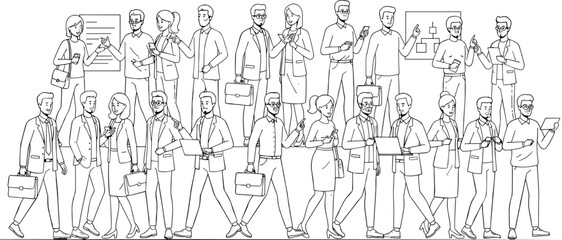 Obraz premium Large set of diverse business professional characters walking and communicating with laptops and briefcases for corporate teamwork and office life concepts.