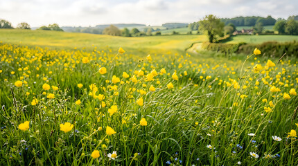 Obraz premium Beautiful yellow wildflowers blooming in a green grass meadow during a sunny spring day