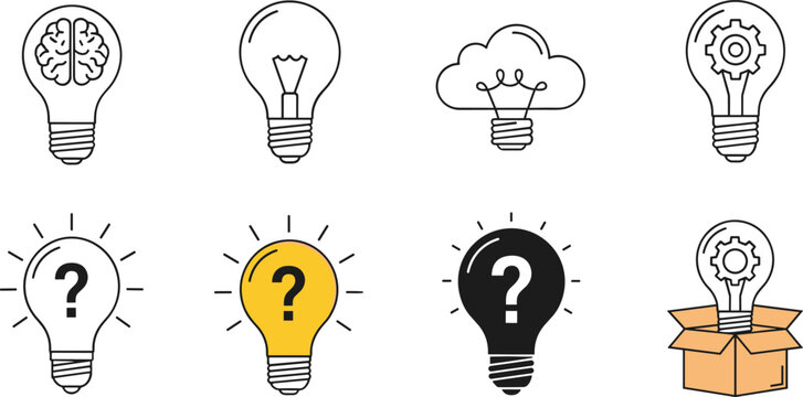 Creative Thinking and Innovation Icon Set Featuring Light Bulbs, Ideas, and Problem-Solving Symbols for Websites, Apps, and Digital Media