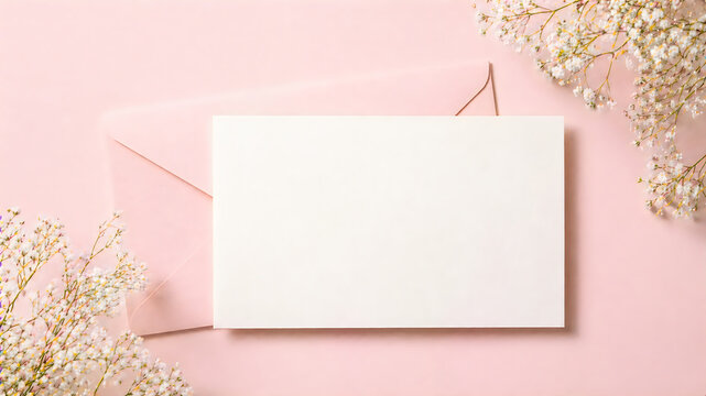 Blank card and pink envelope with white flowers on pink background for invitation or greeting card template