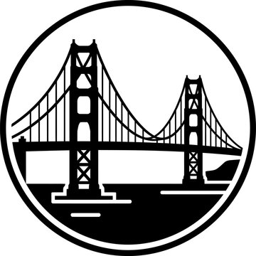 a high-quality black and white vector illustration ofGolden Gate Bridge  in United States placed perfectly inside a centered circular badge frame black and white art on white background 