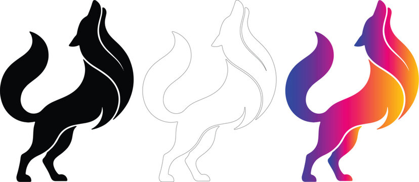 Howling Fox Vector Logo Set with Minimalist Silhouette, Line Art, and Colorful Gradient