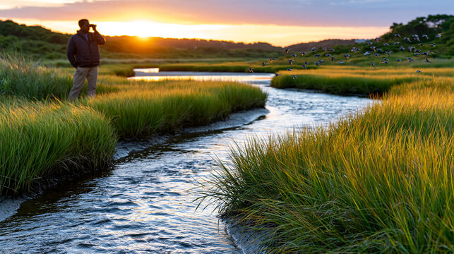 A solitary birdwatcher stands at the edge of a salt marsh at midsummer golden hour, scanning with binoculars as a flock of dunlin wheels in tight formation above the spartina grass reflecting in tid