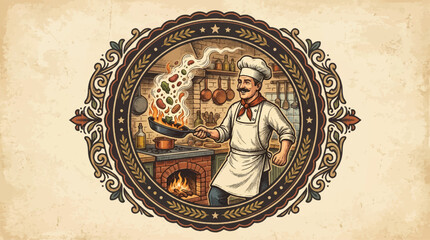 Obraz premium Chef cooking illustration in vintage style for culinary design