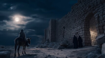 Naklejka premium Biblical story, Nehemiah moves through shattered Jerusalem walls by night, his quiet inspection under moonlight stirring a determined vision to rebuild from ruins and restore a broken city. 