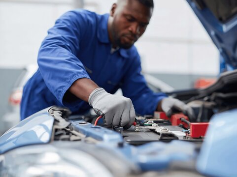 Mechanic in blue uniform working on car battery with jumper cables