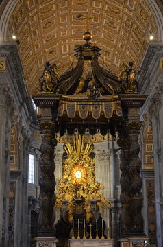 Rome, Italy 09.04.2020: Presbytery and apse with St. Peter's Cathedra Petri within Blessed Sacrament Chapel in St. Peter's Basilica in Vatican