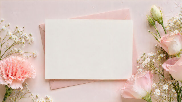 Blank card with pink envelope and flowers on a light pink background for invitation or greeting card design