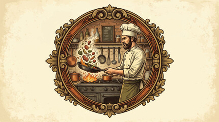 Obraz premium Chef cooking vegetables in vintage kitchen illustration