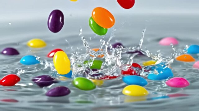 Colorful candies splashing into water, creating a dynamic and refreshing effect.