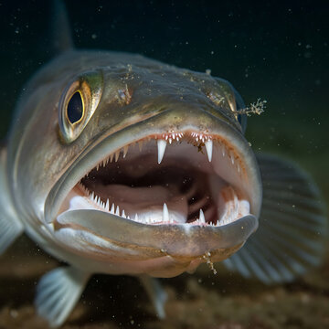 Intense close-up of a predatory fish revealing its sharp, menacing fangs underwater