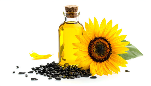 Golden Sunflower Oil in Glass Bottle with Seeds and Flower.